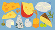 © Dariia - Various delicious Cheese set. Mozzarella, brie, triangles, cheddar, blue cheese, parmesan, camembert, burrata. Cartoon modern style. Hand drawn Vector illustration. Isolated design elements