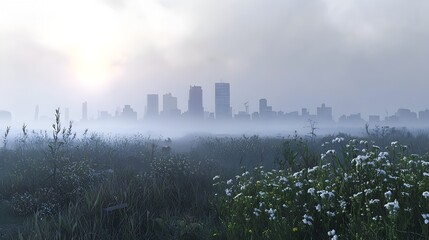 Wall Mural - A foggy city with a large building in the background