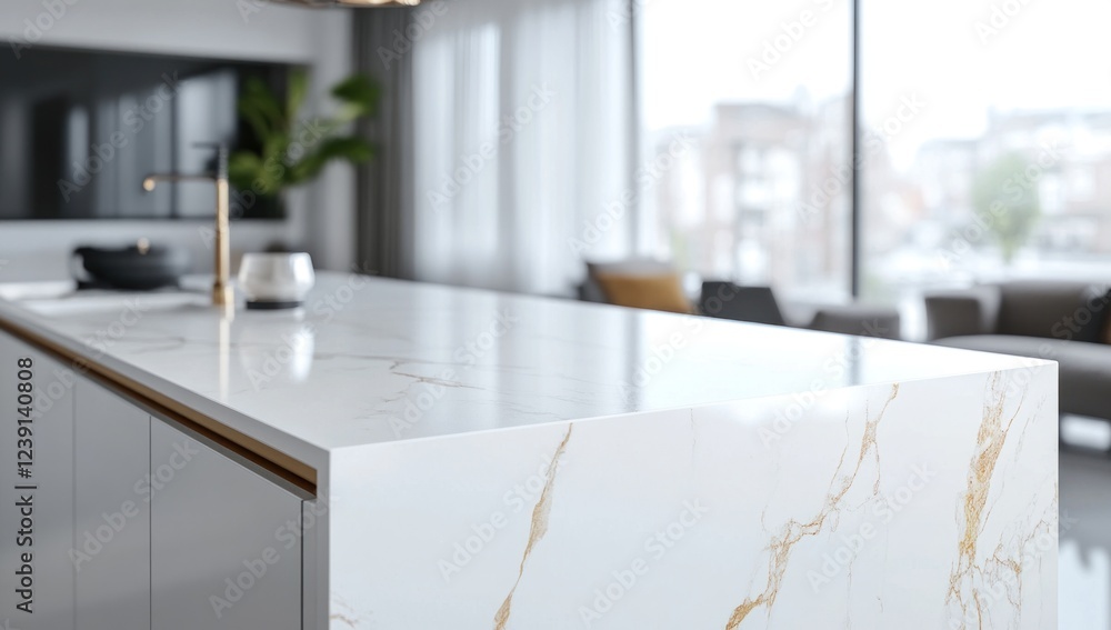 Modern Kitchen Island with Calacatta Gold Quartz Countertops Stock ...