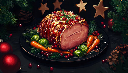 Wall Mural - Christmas composition with baked ham on dark background. Traditional food concept