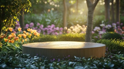 Poster - A wooden podium rests in a blooming garden during spring. Surrounded by colorful flowers and lush greenery, sunlight filters through the trees, creating a peaceful atmosphere perfect for events.