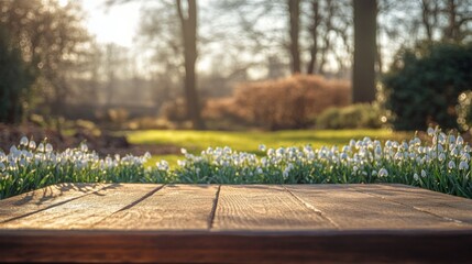 Poster - A wooden podium sits surrounded by blooming flowers in a sunlit garden, showcasing early spring beauty. The atmosphere reflects tranquility and the awakening nature during this vibrant season.