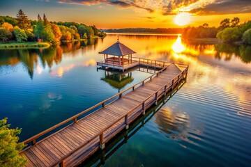 Wall Mural - Panoramic Drone Shot: Long Dock Leading to Lakeside Gazebo