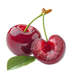 Whole fresh cherry with green leaf and a sliced half, glossy and juicy texture, isolated on black background, suitable for desserts or fruit branding