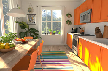 Wall Mural - 
3D rendering of a bright orange kitchen with a dining table and chairs, a striped, colorful rug on the floor, and white walls. Bright light shines from an open window.