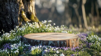 Poster - In a tranquil forest during spring, a wooden podium rests on a bed of vibrant flowers, including delicate snowdrops and lush greenery. The sunlight filters through the trees, enhancing the beauty.