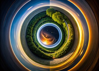 Wall Mural - Circular Landscape: A mesmerizing circular panorama seamlessly blends a vibrant daytime landscape with a starry night sky, creating a surreal and captivating visual experience.