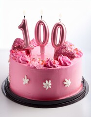 Wall Mural - Decorated pink cake for birthday or anniversary party, candle number 100, white background