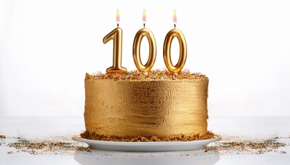 Wall Mural - Decorated gold cake for birthday or anniversary party, candle number 100, white background