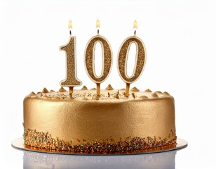 Wall Mural - Decorated gold cake for birthday or anniversary party, candle number 100, white background