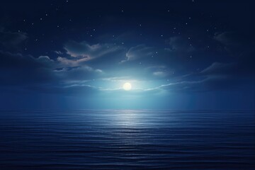 Wall Mural - Moon Rising. Full Moon Rising over Empty Ocean at Night with Glowing Luna and Bright Stars on Horizon. Perfect as Wallpaper or for Halloween