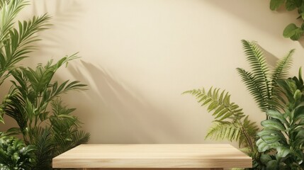 Aufkleber - A wooden podium stands prominently in a bright room filled with vibrant green plants. Sunlight gently illuminates the space, creating a refreshing spring atmosphere ideal for presentations.