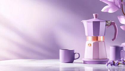 Wall Mural - modern moka pot in lavender and violet hues with matching cups