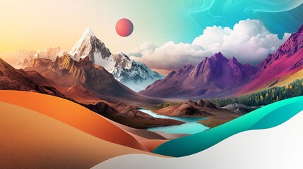 Wall Mural - Vibrant landscape with mountains, a river, and colorful skies at sunset, ideal for nature themes