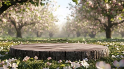 Poster - A circular wooden podium stands amid an orchard filled with blossoming trees. Delicate flower petals lay scattered across a grassy area, creating a serene and picturesque spring atmosphere.