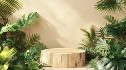 Poster - A wooden podium stands ready for presentations amid vibrant green plants. Illuminated by soft spring light, this serene setting highlights the fusion of nature and technology.