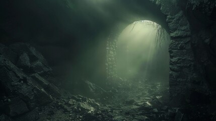 Wall Mural - a dark cave with a beam of light shining through a hole in the ceiling creates a mysterious atmosphe