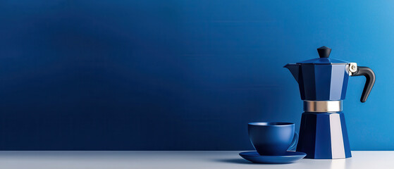 Wall Mural - sky blue moka pot with periwinkle accents and cup on table