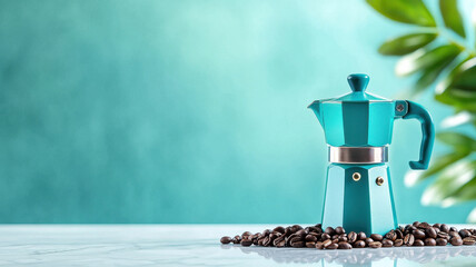 Wall Mural - turquoise moka pot with coffee beans on marble surface