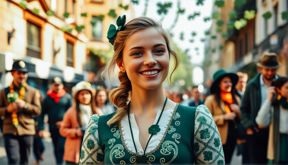 A cheerful woman in traditional Irish attire smiling during a festive St. Patrick’s Day street celebration filled with parade decorations.