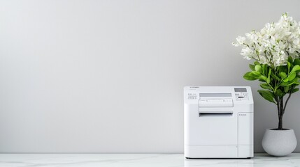 Office printer on marble desk, flowers, wall background