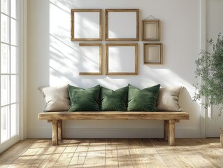 Poster - Farmhouse Hallway Interior with Christmas Decor and Cozy Wooden Bench