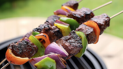 Wall Mural - grilled beef kebabs with peppers and onions, juicy and flavorful