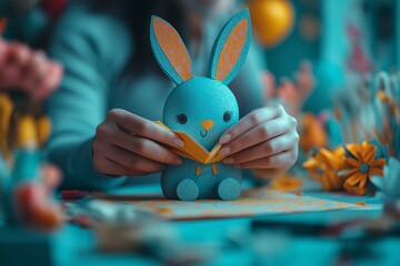 Wall Mural - Colorful Easter paper craft making features hands assembling a cute bunny figure surrounded by decorative flowers. Concept focuses on Easter paper craft making and creativity.