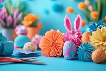 Wall Mural - Colorful Easter paper craft making scene with vibrant flowers and decorated eggs. Concept focuses on Easter paper craft making and creativity in seasonal decorations.