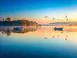 © Danicha - Serene Misty Lake: Minimalist Dawn Landscape with Boats and Birds