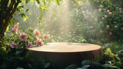 Poster - A serene spring setting showcases a wooden podium set amidst lush greenery and delicate flowers.