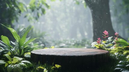 Poster - A rustic podium made of wood sits amidst lush green plants and delicate flowers in a tranquil forest during spring. Sunlight filters through the canopy, creating a peaceful atmosphere.