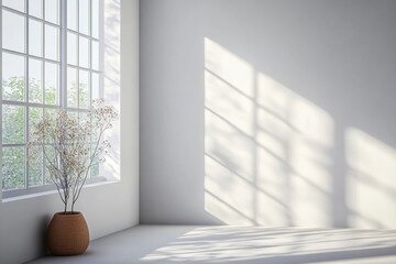 Poster - Minimalist Scandinavian Design Interior with Soft Natural Light and Shadows in an Empty White Room