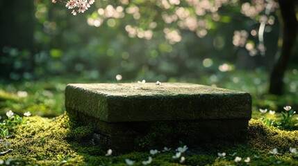 Poster - A natural podium sits quietly in a lush garden, surrounded by delicate flowers and vibrant greenery.