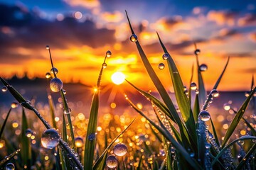 Wall Mural - Silhouetted Grass Blades Glistening with Morning Dew Drops - Nature Stock Photo