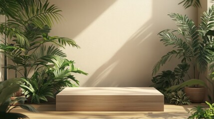 Aufkleber - A wooden podium stands in a tranquil setting filled with vibrant plants. Sunlight filters through leaves, creating a peaceful atmosphere that highlights the beauty of spring and nature.