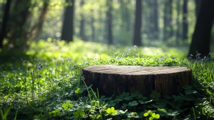 Poster - A wooden podium made from a cut tree stump sits in a vibrant forest clearing.