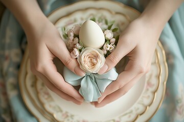 Wall Mural - Beautifully styled Easter table napkin folding with flower arrangement and egg creates perfect festive centerpiece. Concept: Easter table napkin folding 5 inspires creativity in holiday decor.