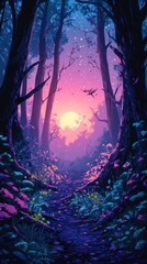 Sticker - Magical Forest Path Underneath Sunset Sky