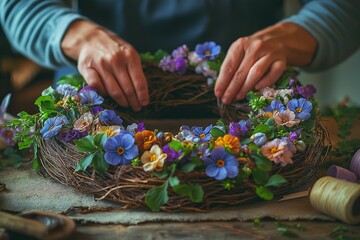 Wall Mural - Easter wreath crafting process showcases hands arranging colorful flowers on a natural wreath base. Concept involves creative Easter wreath crafting process for joyful seasonal decor.