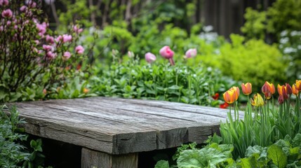 Poster - A wooden podium sits elegantly amidst vibrant blooms in a spring garden. Colorful tulips and various flowers create a beautiful, lush environment, showcasing the season's renewal and vitality.