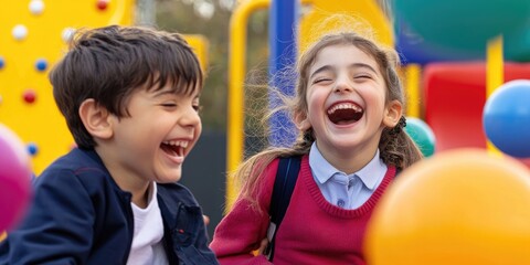Aufkleber - School children laughing and playing on a vibrant playground with colorful equipment