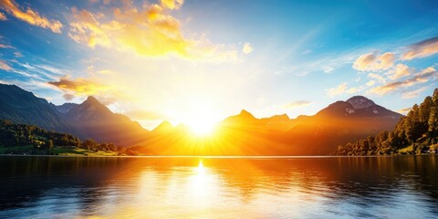 Wall Mural - majestic sunrise over serene lake surrounded by lush green mountains and colorful sky with vibrant s