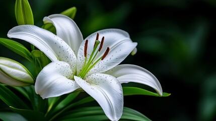 Wall Mural - A white lily with green leaves in the background