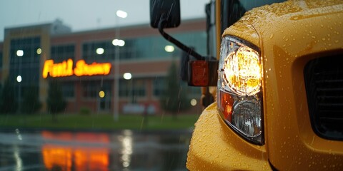 Aufkleber - close-up of school bus showing bright colors and safety features, parked in front of a school