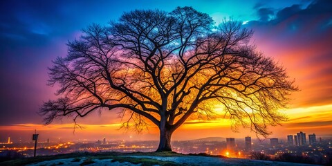 Wall Mural - Stark Winter Tree: Urban Exploration Photography - Bare Branches Against Cityscape