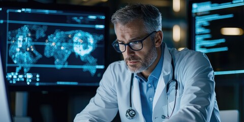 Leinwandbilder - Focused medical professional examining a patient with stethoscope, minimalistic clinic environment