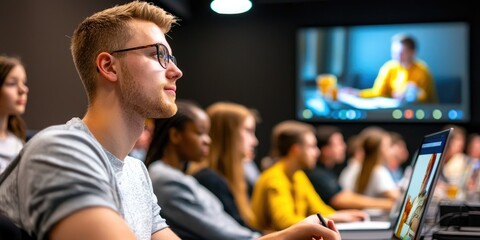 Aufkleber - Interactive learning environment showcasing students using digital tools for projects and presentations, professional atmosphere,