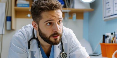 Poster - Focused medical professional examining a patient with stethoscope, minimalistic clinic environment