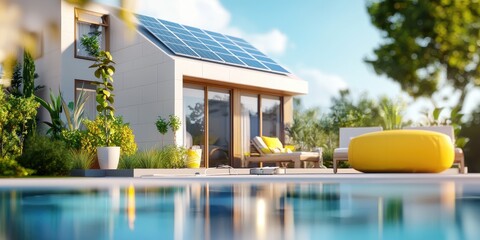 Wall Mural - family enjoying a sunny day at home powered by solar energy, solar panels visible on the roof